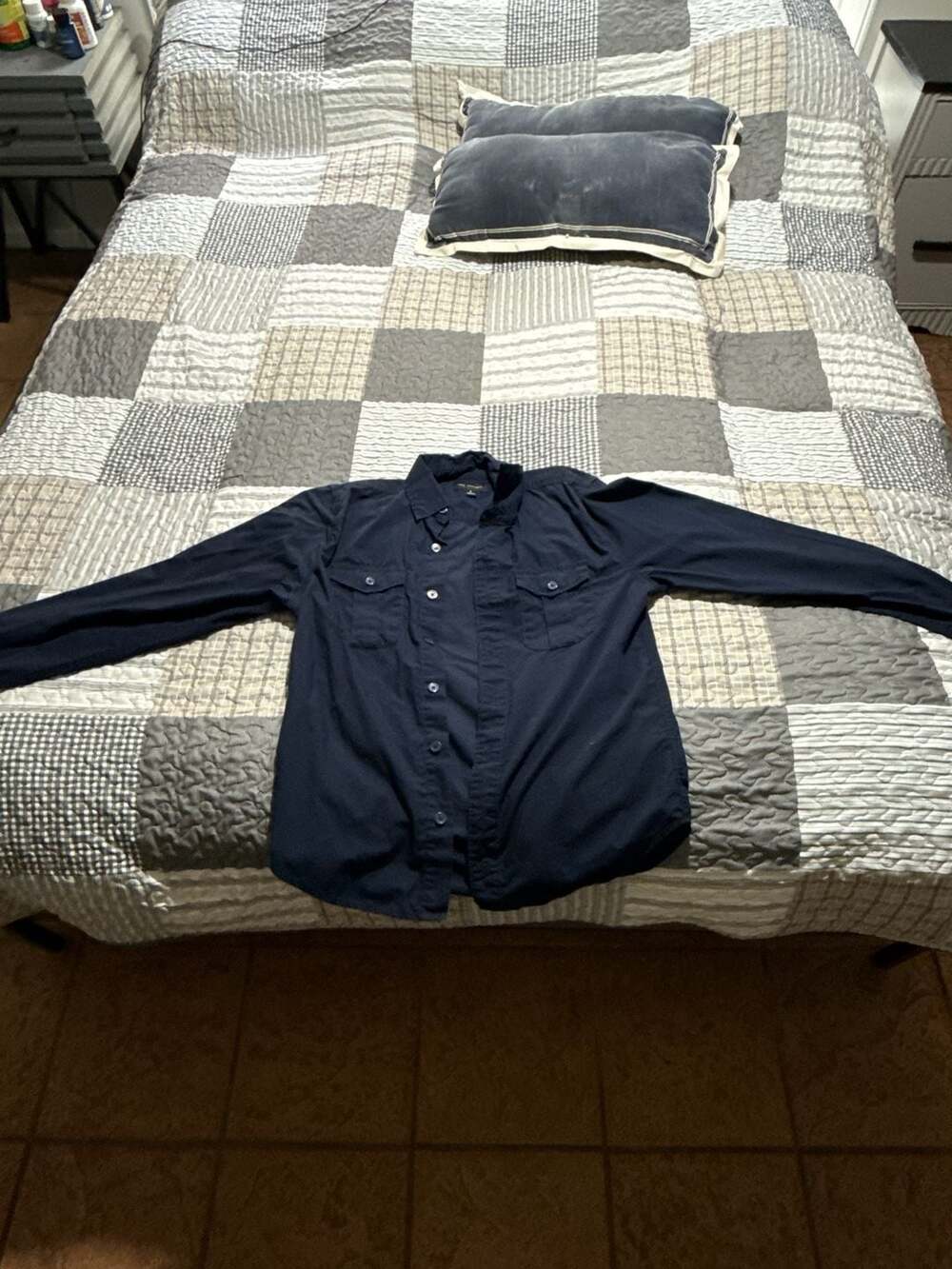 Free Assembly Men's Long Sleeve Work Shirt with Two Chest Pockets - Navy Blue